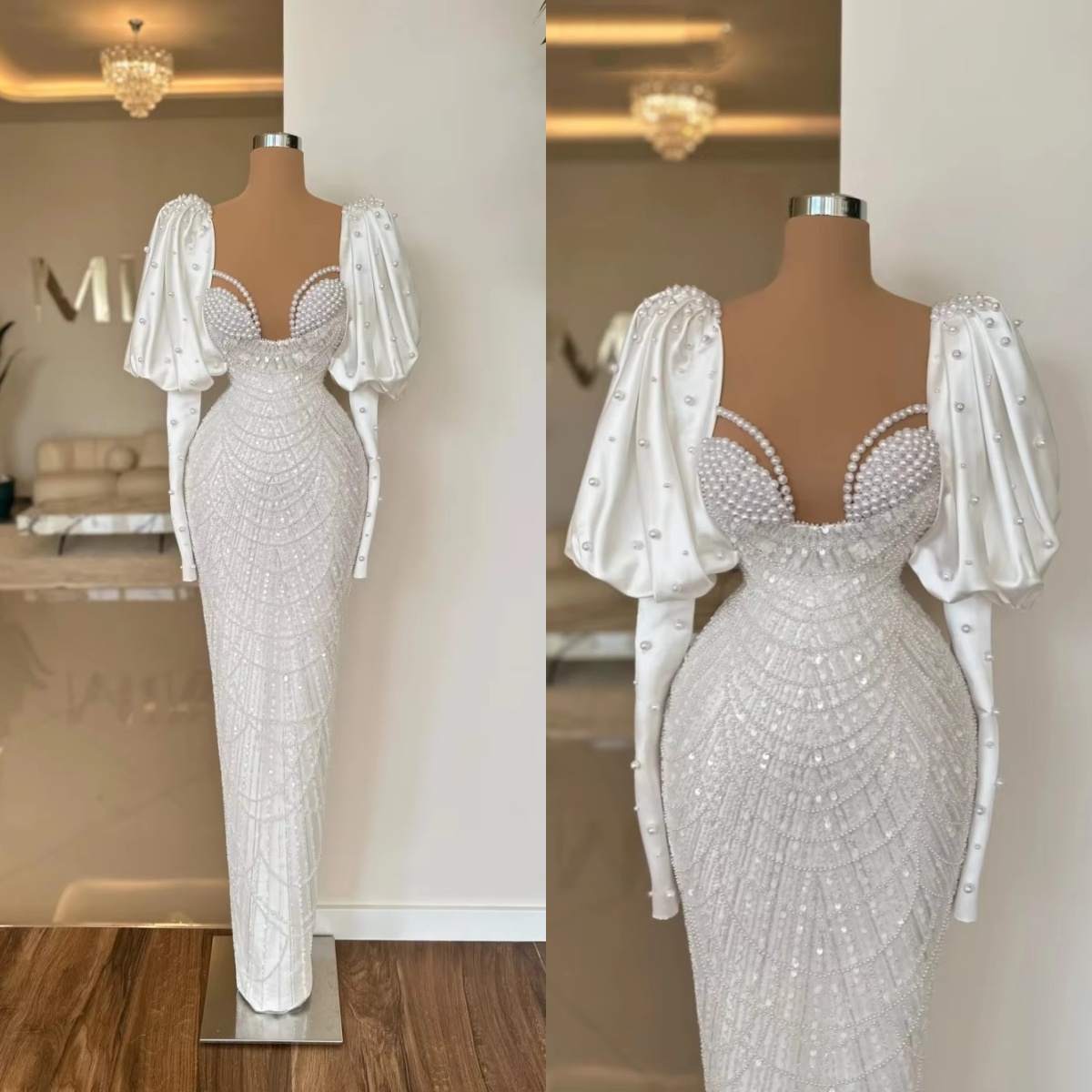 Sheer Neck Long Sleeve Wedding Dress with Pearls & Lace, Sweep Train Bridal Gown, Custom Made