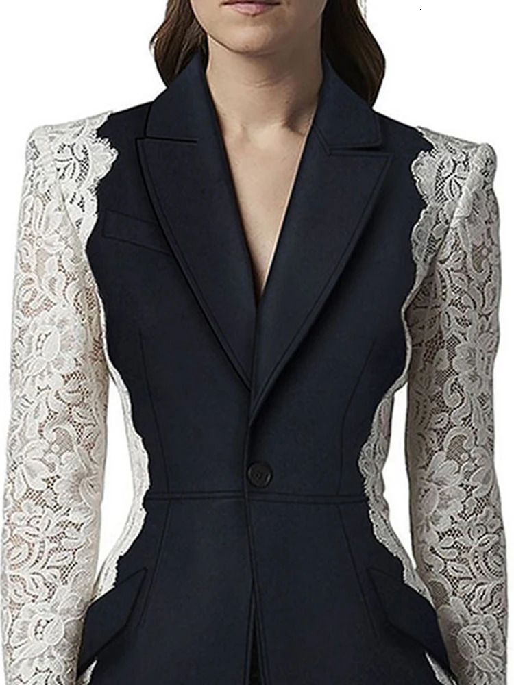 DEAT Fashion Womens Blazer Fashion Notched Lace Patchwork Long Sleeve Comparison Set Womens Jacket Spring 17A1298 250207