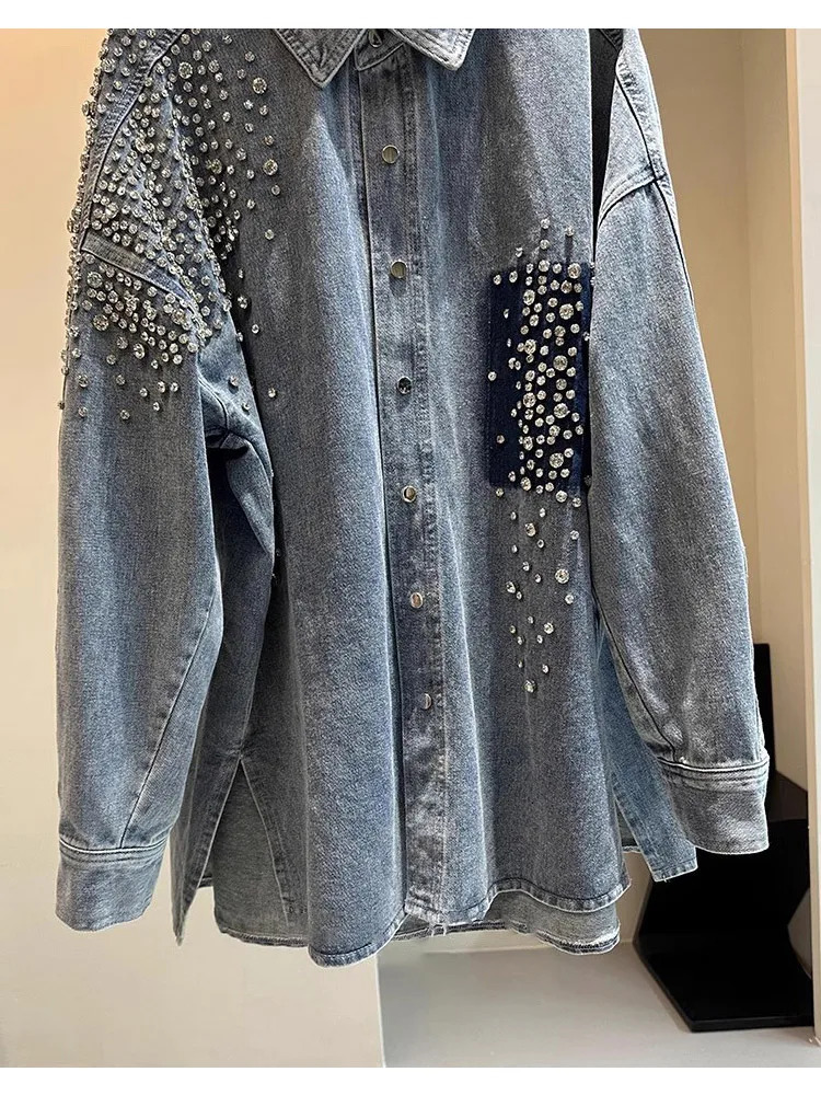 High Street Heavy Industry Rhinestone Blue Denim Jacket Shirt Loose Casual Jean Jacket Spring Autumn Womens Clothing 250116
