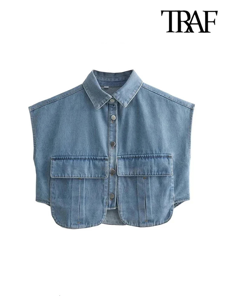 TRAF Women Fashion With Pockets Cropped Denim Shirts Sexy Sleeveless Buttonup Female Blouses Blusas Chic Tops 250121