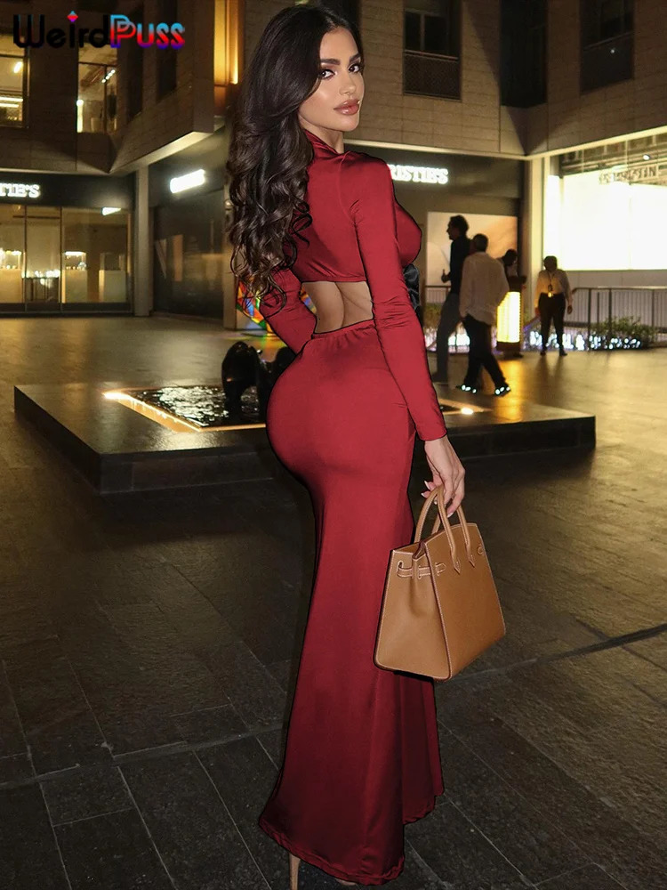 Weird Puss Patchwork Applique Dress Women Fold VNeck Waistless Robe Midnight Party Sexy Elegant Full Sleeve Hipter Long Bodycon 250208wtt