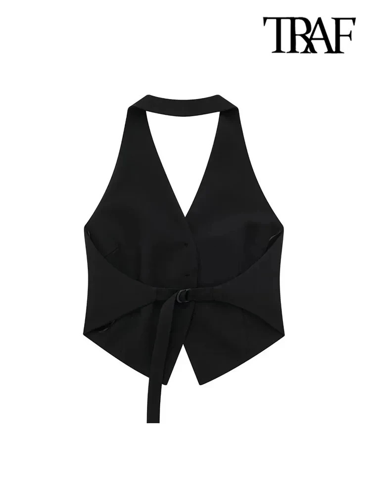 TRAF Women Fashion Backless Halter Neck Waistcoat Sexy Sleeveless Buttonup Female Outerwear Chic Vest Tops 250207