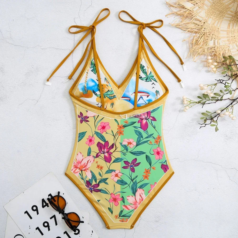 Vintage Printed Double-sided Wear Swimming Bathing Suit Women Bandage Sexy One Piece Swimsuit Beachwear Swimwear Woman 250206