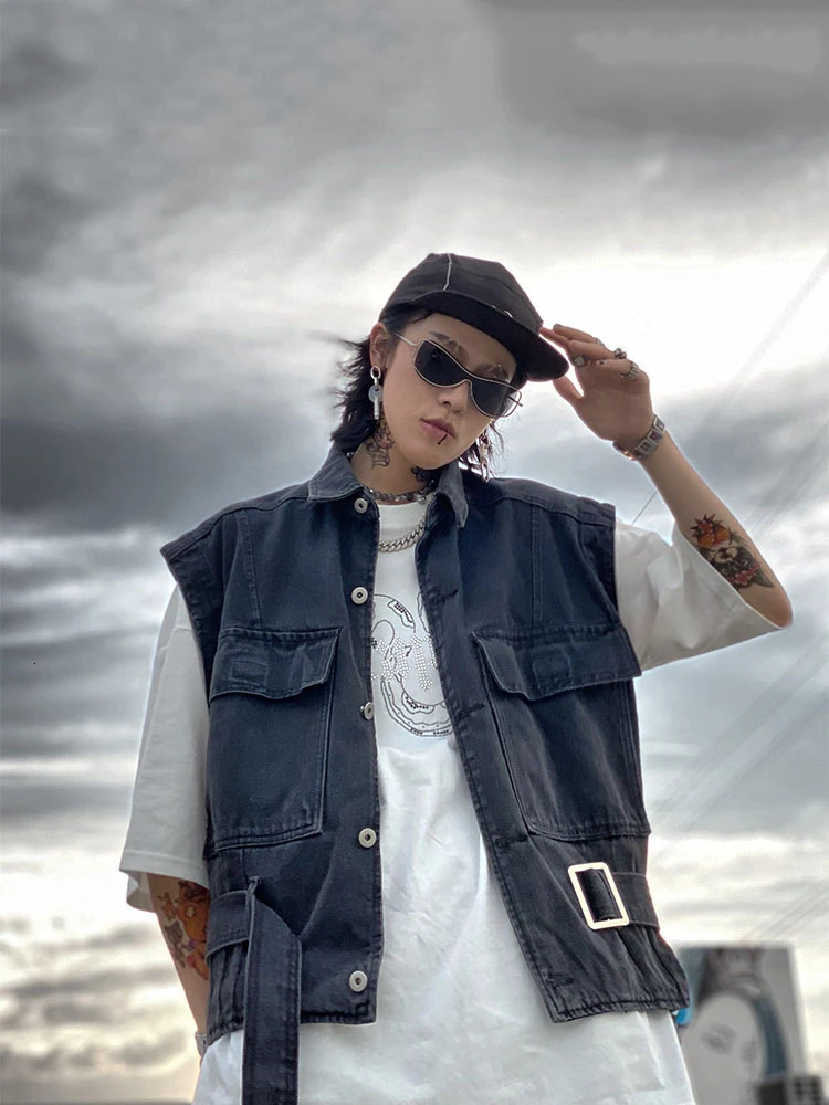 EDDACHIC Function Pockets Cargo Sleeveless Denim Jacket Men Retro Black Wash Fall Layering Vest Casual Grunge Y2k Streetwear 250207