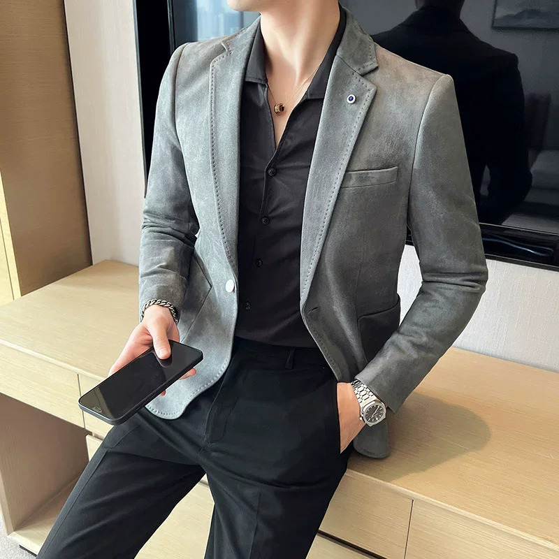 Fashion Suit Coat Mens Slim Fit Deerskin Velvet Elegant Blazer Business Casual Wedding Plus Size 4XLS 250208