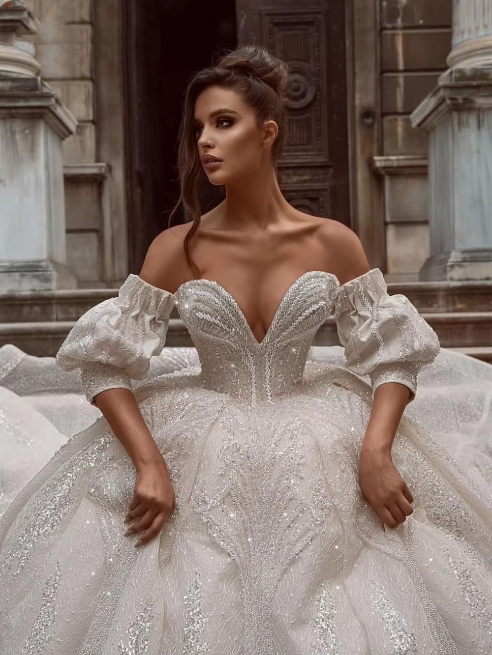 Exquisite Ball Wedding Dress For Women Sweetheart Neck Removable Sleeves Bridal Gown Sequins Lace Sweep Train Dresses Custom Made vestidos de novia