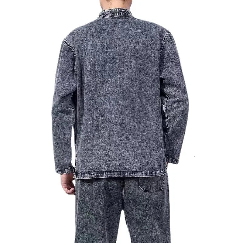 Chinese Style Stand Collar Washed Denim Set Men Chinoiserie Youth Casual Streetwear Tangzhuang Mens Jacket and Jeans 250207