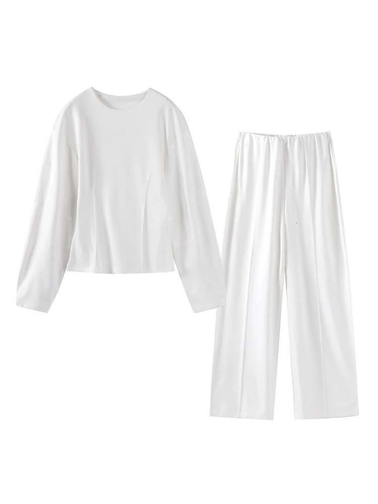 Casual Solid Top Pants Women Set Fashion Long Sleeve O-neck Pleated Tops Wide Leg Trousers Autumn Vacation Lady Suit 250207