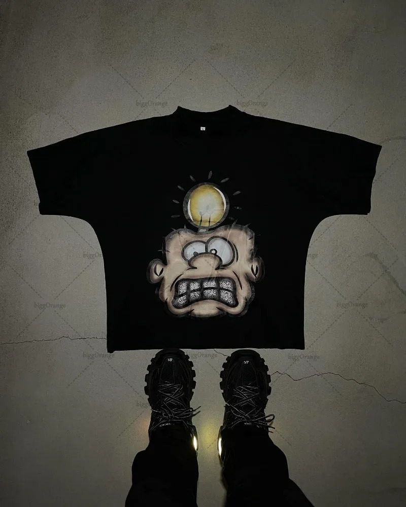 European and American High Street Anime Print Oversized T-shirt Y2K Harajuku Punk Casual Top Men Trendy Retro Short-sleeved 250208