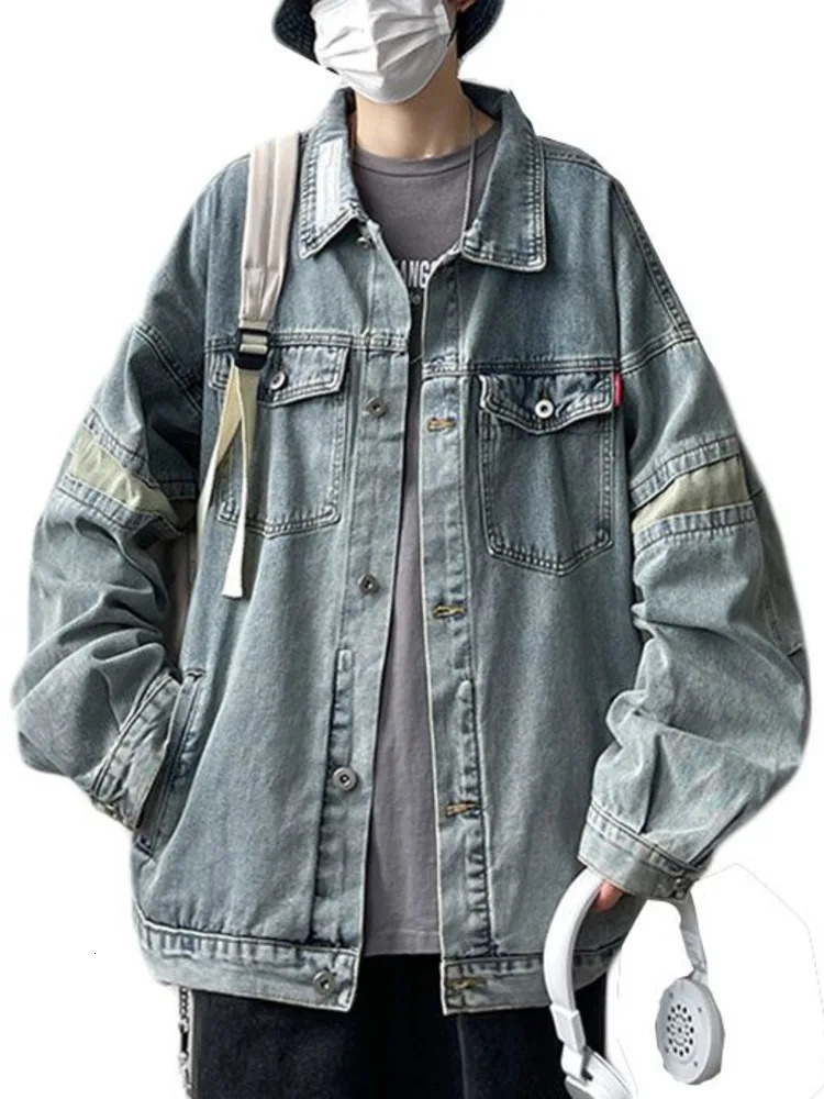 Loose Denim Jacket Men Casual Solid Color Lapel Single Breasted Jeans Outwear Bomber Streetwear Windbreaker Coat 250207