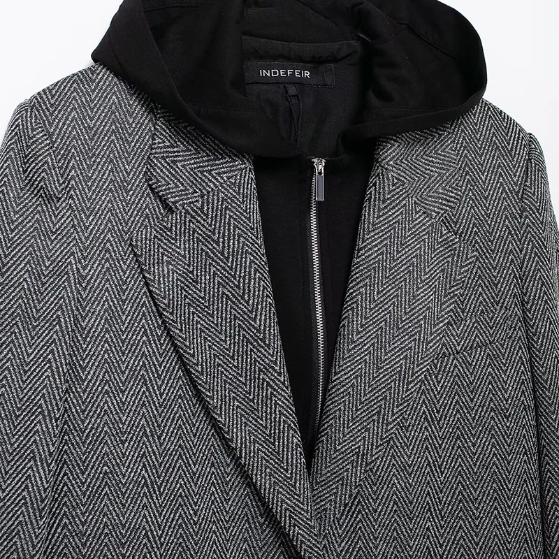 With Hoodies Blazer Womens Jackets Patchwork Outwear Button Long Sleeve Coat Gray Elegant Streetwear 250208