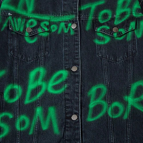 UPRAKF Green Letter Washed Striped Patchwork Jacket Retro Baggy Jeans Coat Casual Outwear Tops High Street Fashion 250207