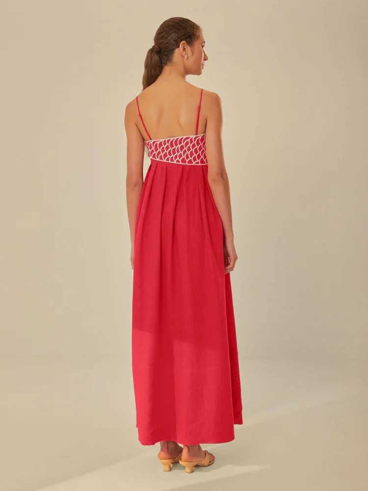 Summer 2024 Lady Party Strtwear Red Fish Top Maxi Dress For Women Sexy Sling Sveless Backless Femlae Robe Strt Dresses W250208