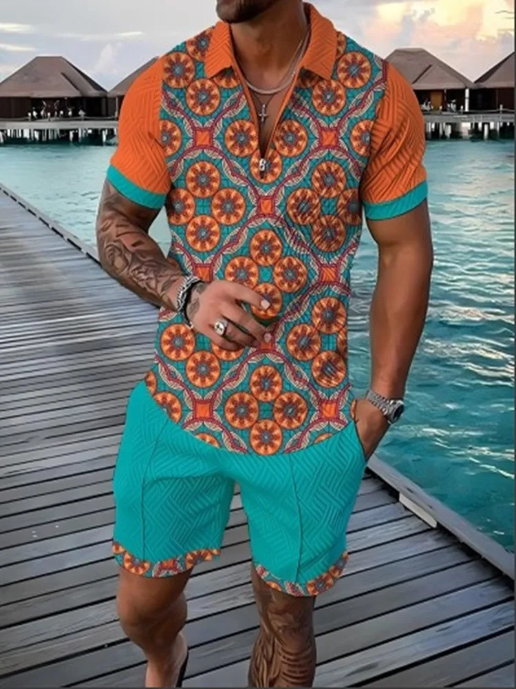 Fashion summer mens flower shirt casual holiday shortsleeved Polo set 3D printed clothing 2 pieces 250207