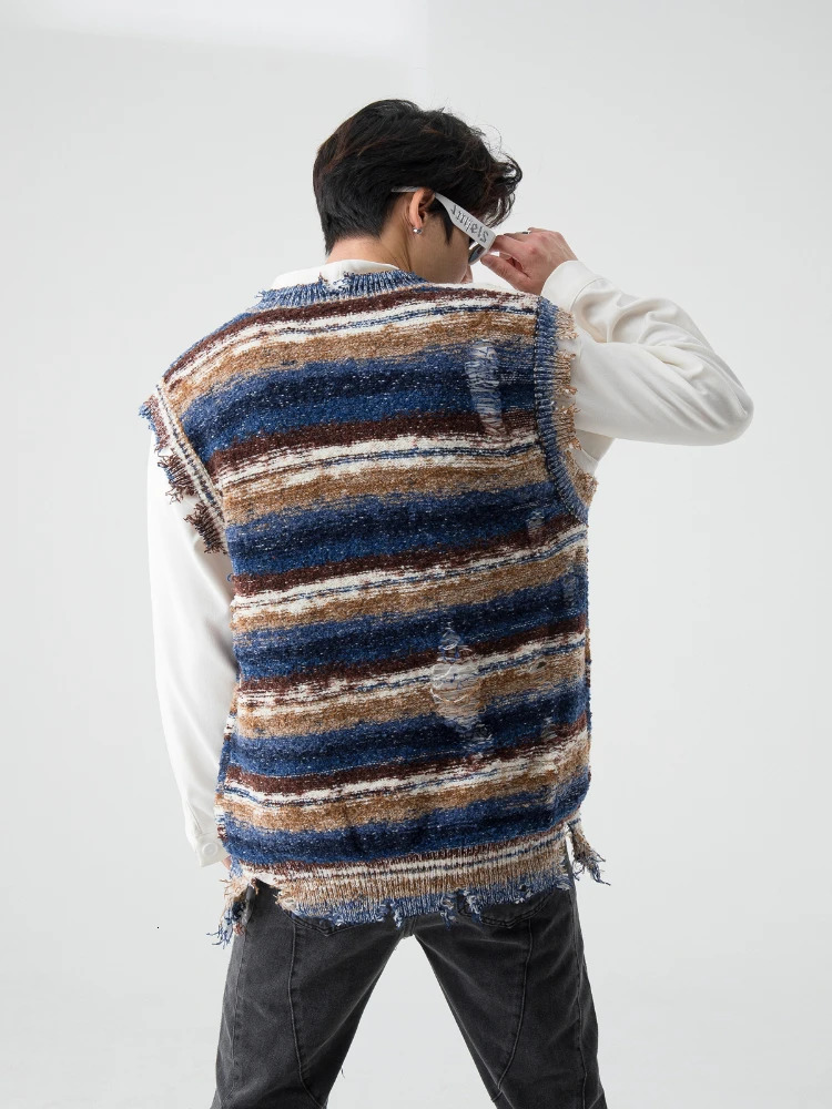 Sweater Vest Men Colorful Hole Raw Edge American Style High Street Males Striped Knitwear Allmatch Fashion Sleeveless Autumn 250110