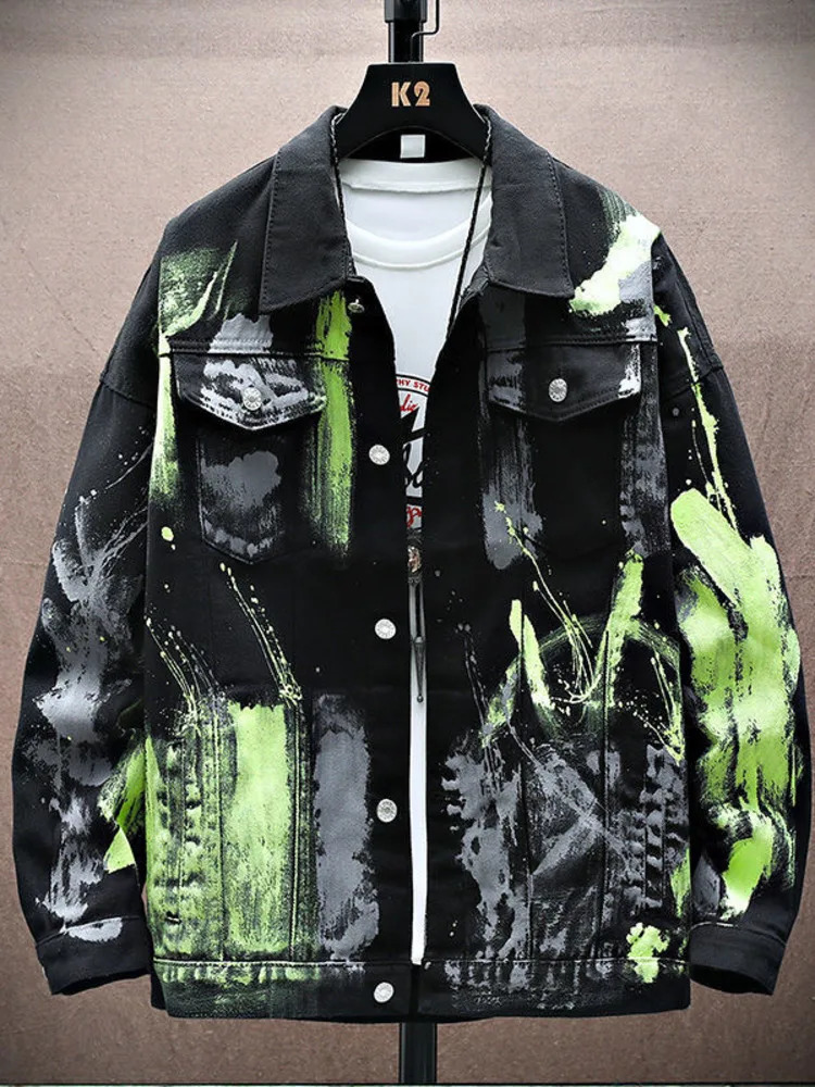 Cowboy Hip Hop Chic Letters Printed Jeans Jacket Men Casual Streetwear Short Style Loose Denim Coat Spring 250207