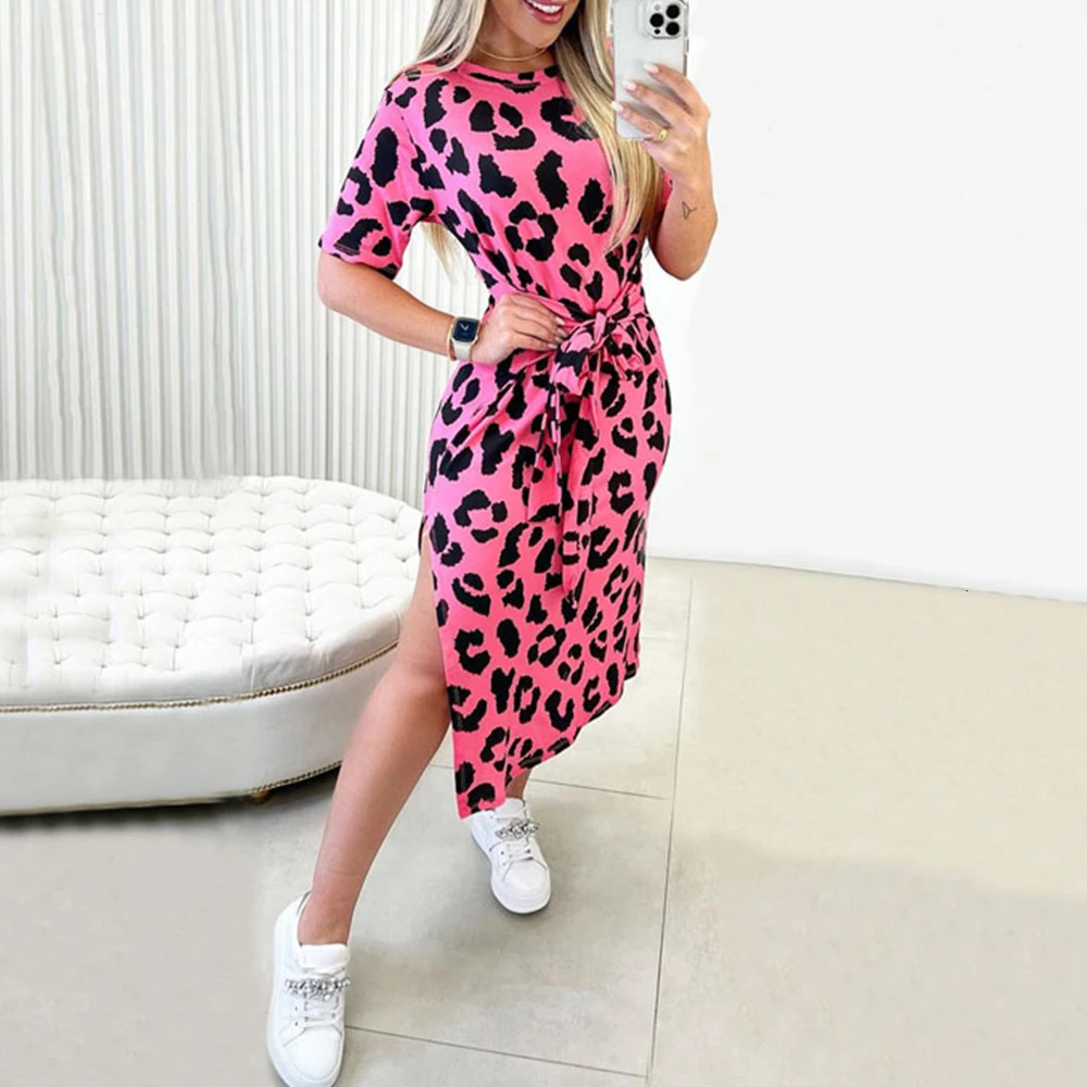 Women Casual Sexy Midi Dress Summer Leopard Printed Short Sleeve Crew Neck Split Holiday Sun Beach Asymmetric 250207