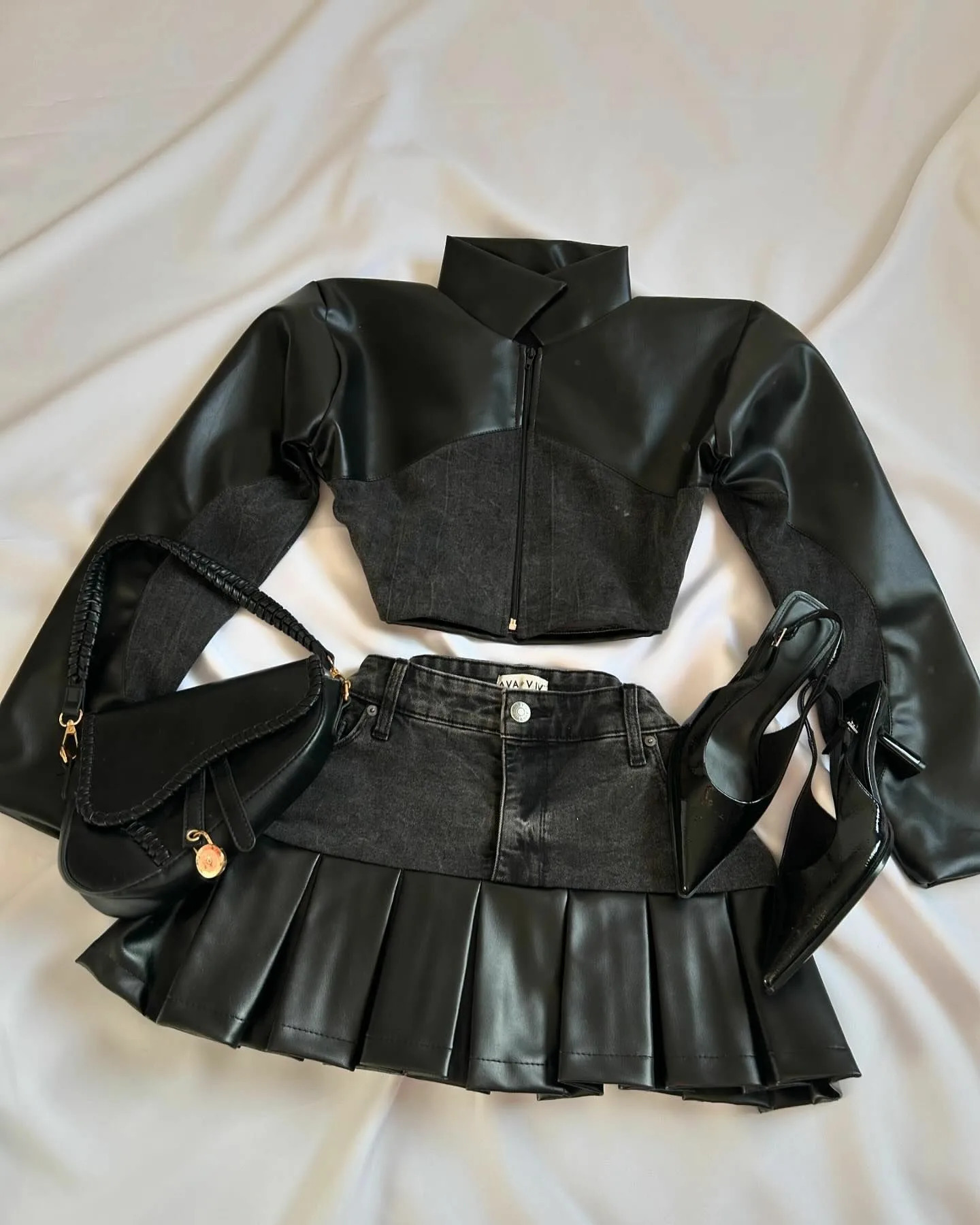 Y2K Leather Spliced Denim Black Two Piece Set Women Harajuku Gothic Long Sleeve Zipper Jacket Mini Pleated Skirt Autumn 250206