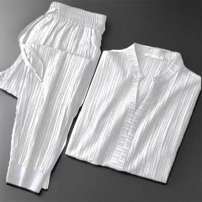 Summer Mens Simple Solid Two Piece Sports Shirt Flip Collar TshirtPants Casual Set Office Wear 250207