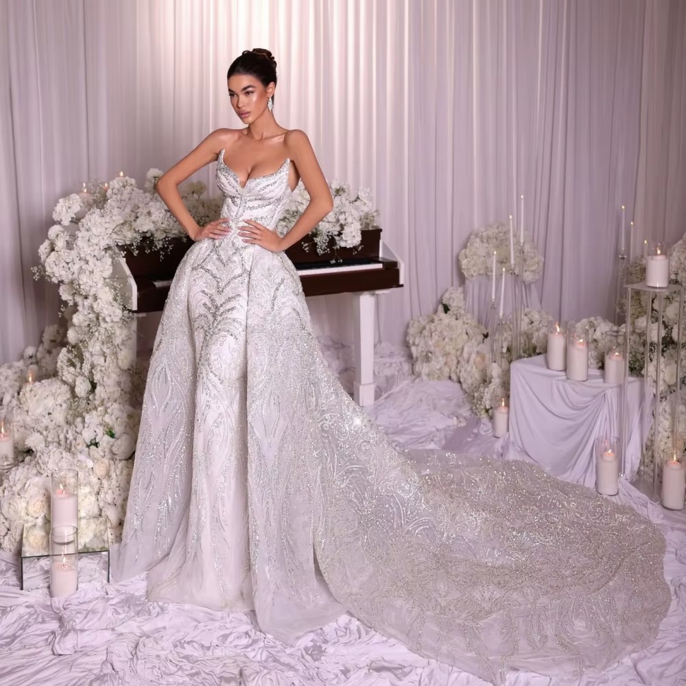 Gorgeous Mermaid Wedding Dress Sweetheart Neck Sleeveless Bridal Gowns Sequins Crystal Detachable Train Dresses Custom Made vestidos de novia