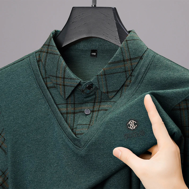 2024 Autumn Mens Polo Zipper Collar Solid Smooth Splicing Two piece Long Sleeve Tshirt Underwear Korean Fashion Top 250207