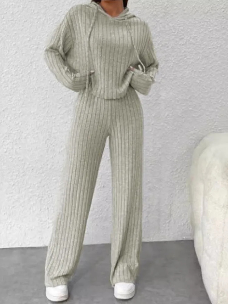 Spring Autumn Womens Solid Color Casual Knitted Striped Hooded Sweatshirt Loose Long Sleeved Long Pants Two-piece Set 250207