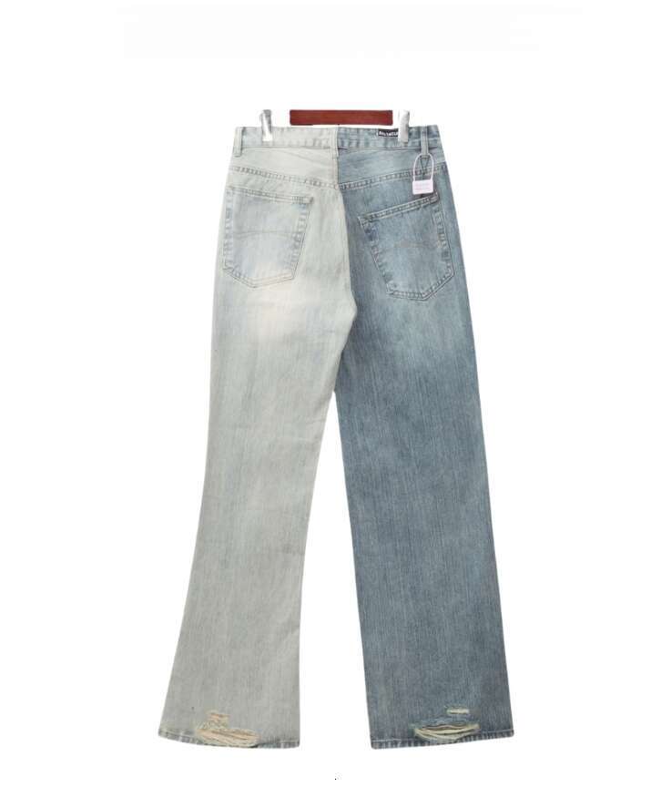 American style patchwork contrasting two tone denim, worn-out distressed casual pants, jeans
