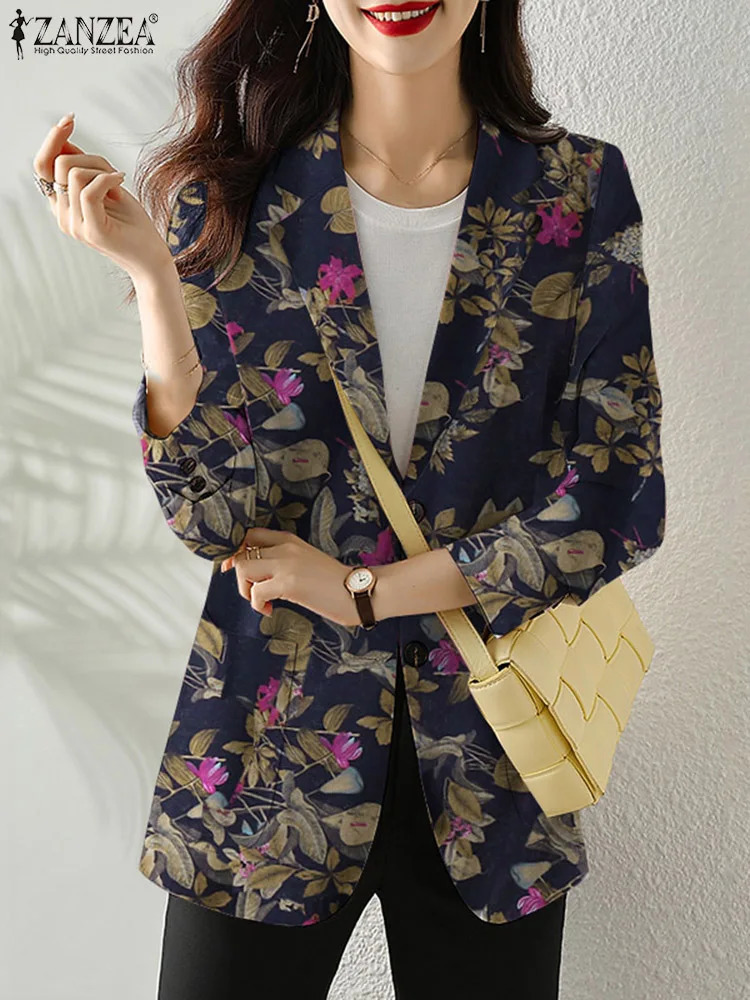 Womens Autumn OL Blazer ZANZEA Elegant Floral Printed Jackets Lapel Neck Long Sleeve Thin Outwear Summer Suits Officewear 250207