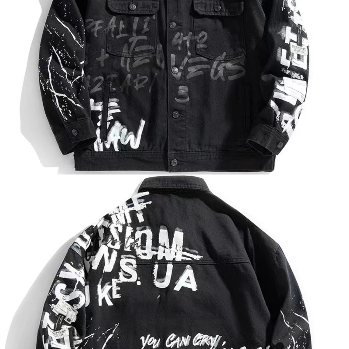 Trendy Embroidered European Street Loose Denim Jacket Men Black Vintage Ripped Work Printed Letter Top Cotton Mens Fashion 250207