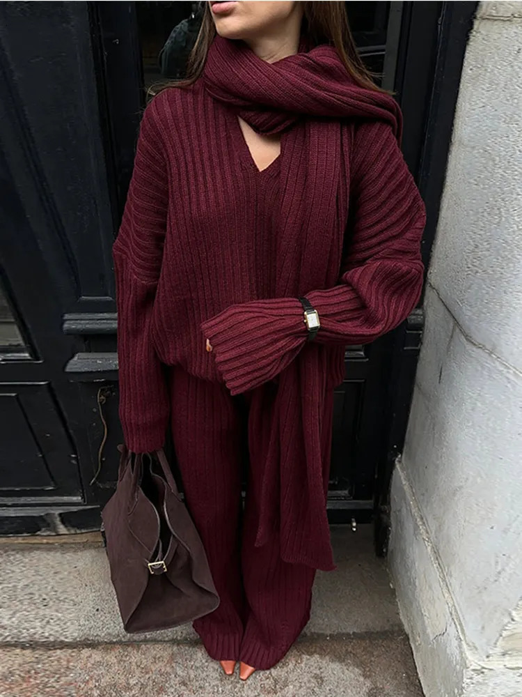 Elegant Burgundy Color Womens Loose Wide Leg Pants Set Chic Scarf Collar V-neck Knitted Sweater Suits Lady Street Knitwear 250207