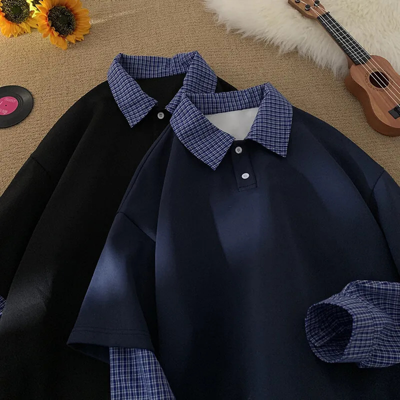 Blue Plaid TwoPiece Illusion Polo Shirt 2025 Spring Long Sleeve Korean Style Lattice Splicing Lapel Sweatshirt Couple 250207