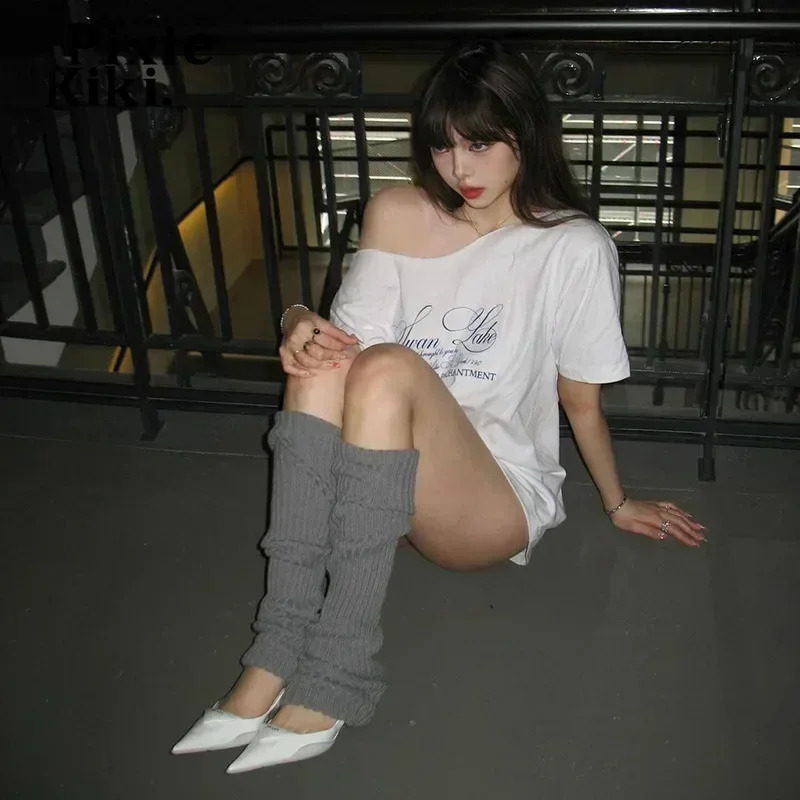 PixieKiki Letter Print Graphic T Shirts White Oversized One Shoulder Tops Womens Summer Fashion Clothing Trends 2024 P71-BG14 250122