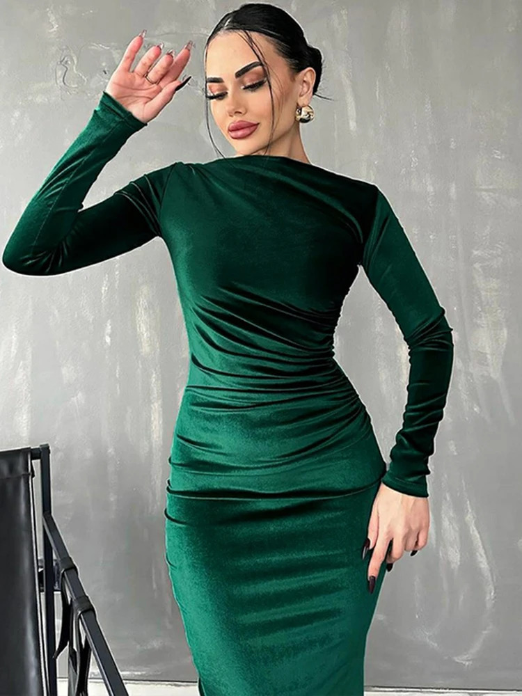 Dulgura 2024 Spring Summer Velvet Long Sleeve Midi Womens Ruched Dress Elegant Party Evening Green 250207