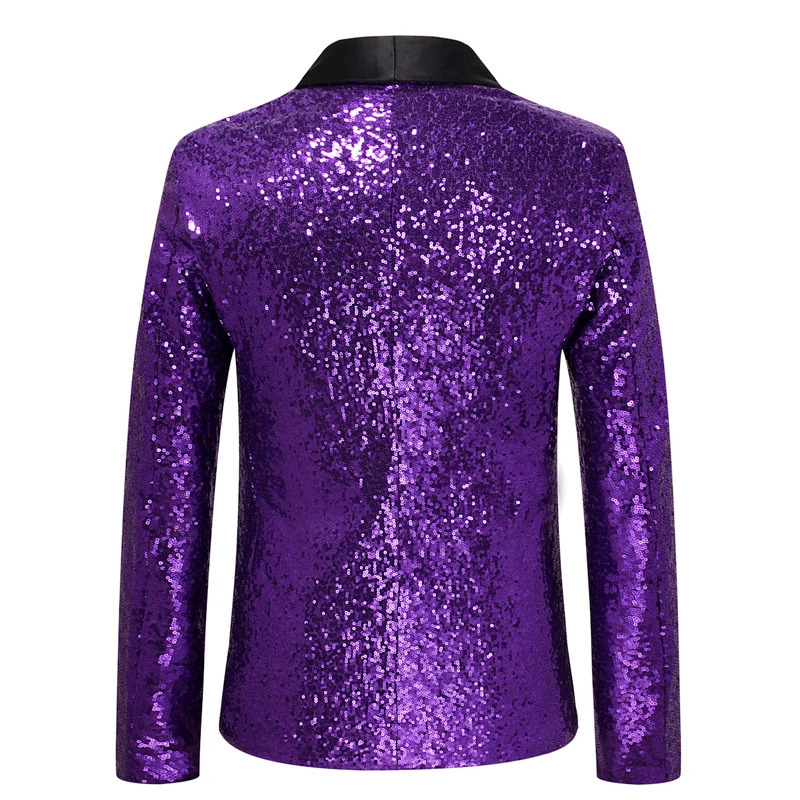 Shiny Purple Sequin Glitter Embellished Tuxedo Suit Jacket Men One Button Shawl Collar Night Club Stage Wedding Costume 250208Z