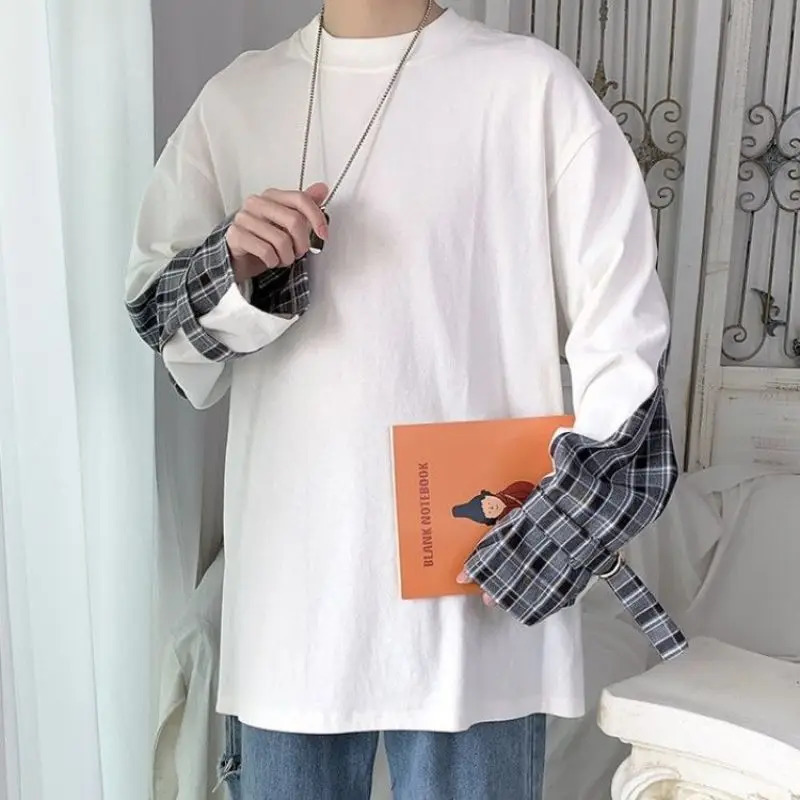 Stylish ONeck Spliced Loose Korean Plaid TShirt Mens Clothing 2023 Spring Casual Pullovers Long Sleeve Allmatch Tee Shirt 250207