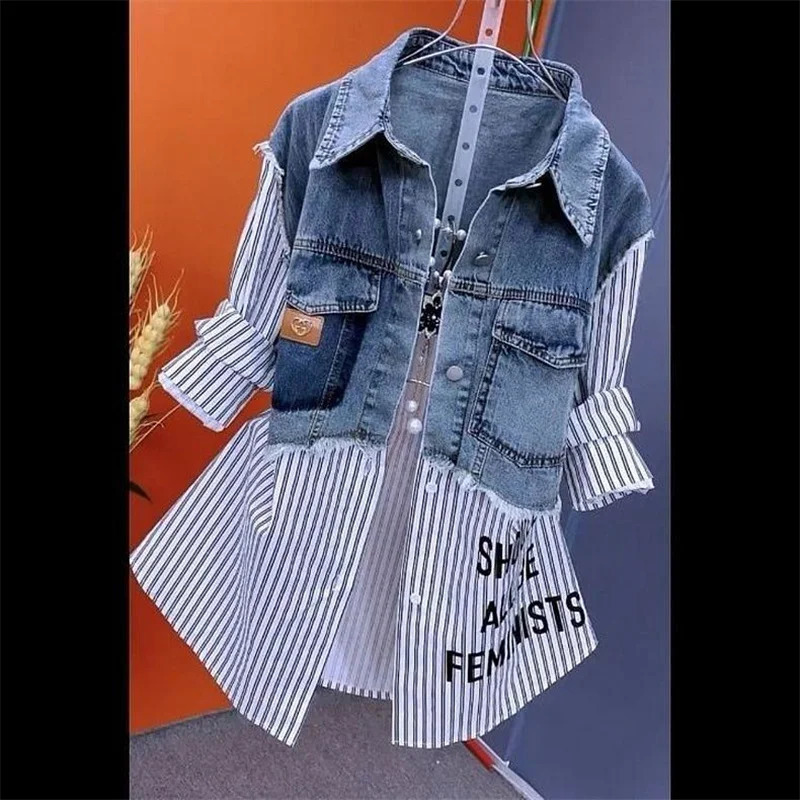 Long Short twopiece Fashion Striped Denim Jacket Womens SpringSummer Stitching Women Jackets Temperament Coat jacket 250208