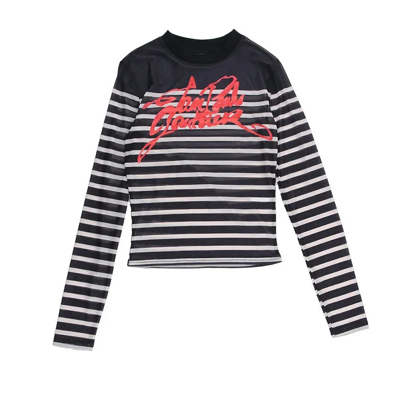 ANJAMANOR Graphic T Shirts Letter Striped Mesh Crop Tops See Through Long Sleeve Tees Black Trending Clothes for Women D87-AH12 250207