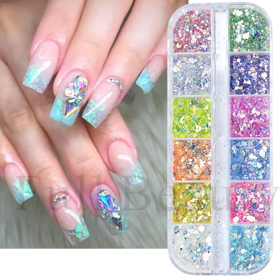 1Box Mermad Iridescent Hexagon Nail Art Glitter Sequins Holographic Flake Powder Paillette Gel Polish Decorations For Nails LYDJ 250115