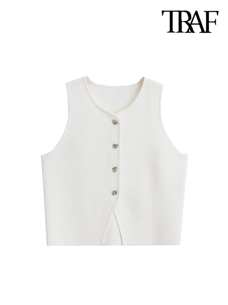 TRAFWomens Front Button Cropped Knit Vest Sweater V Neck Sleeveless Female Waistcoat Chic Tops Fashion 250207