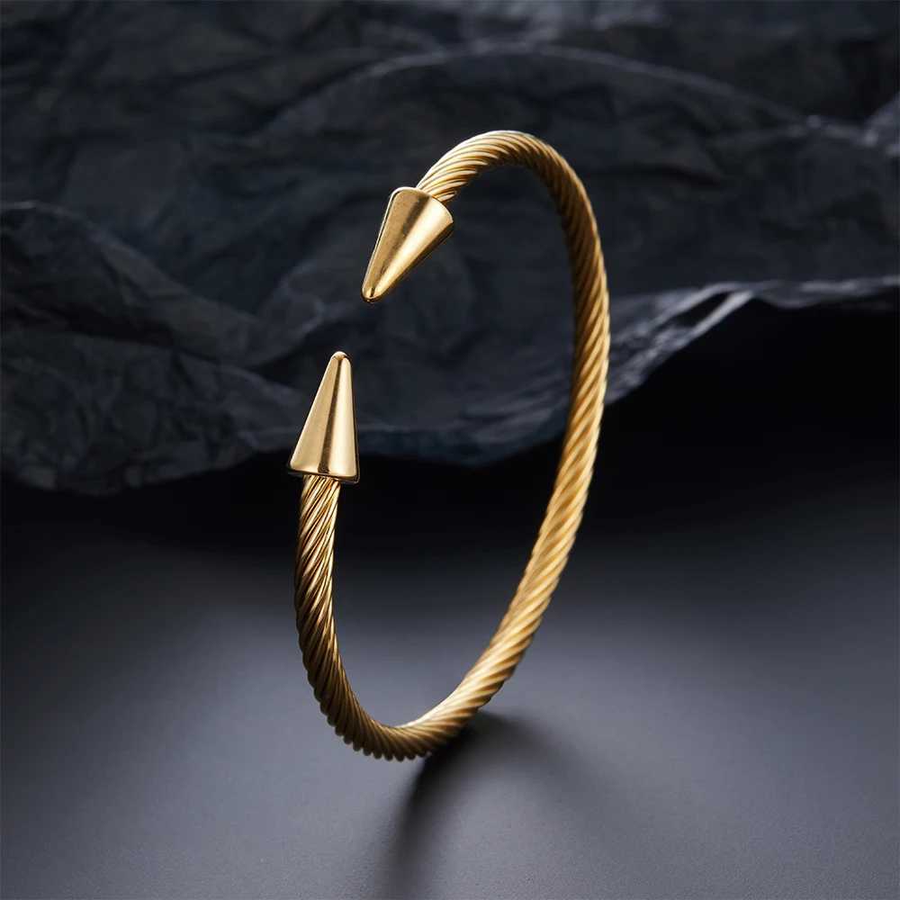 Two conical stainless steel C-shaped bracelets with twisted steel wire design classic punk style jewelry Y250208