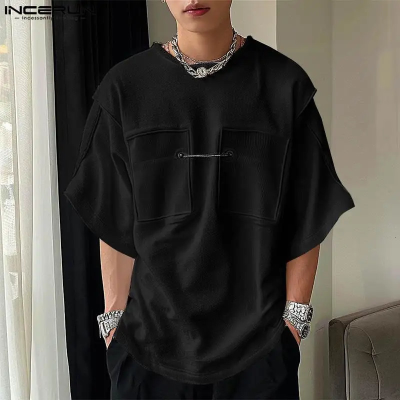 INCERUN Tops Fashion Mens Metal Buckle Texture Camiseta Streetwear Mens Solid Comfort Mid Sleeve T-shirt S-5XL 250207
