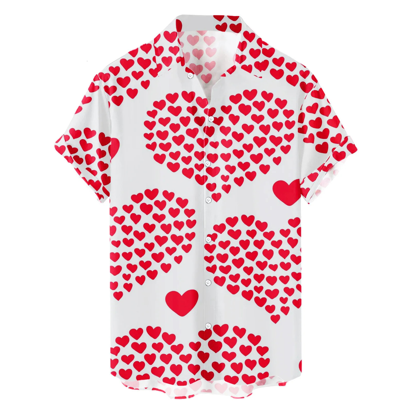 Heart Love Dots Print Men Shirt Summer Short Sleeve Blouse Button White Valentines Day Clothes Party Social Dress Male Tops 250207