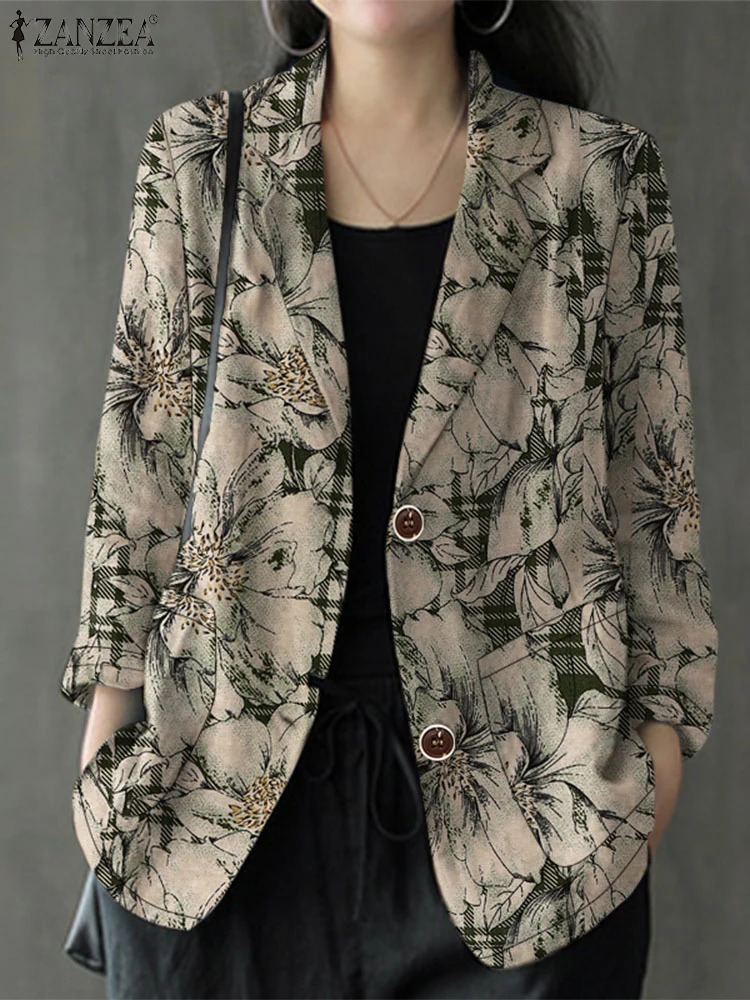 ZANZEA Women Vintage Thin Coats Casual Long Sleeve Lapel Neck Cotton Blazer Autumn Floral Printed Suits Retro Work Jackets 250207