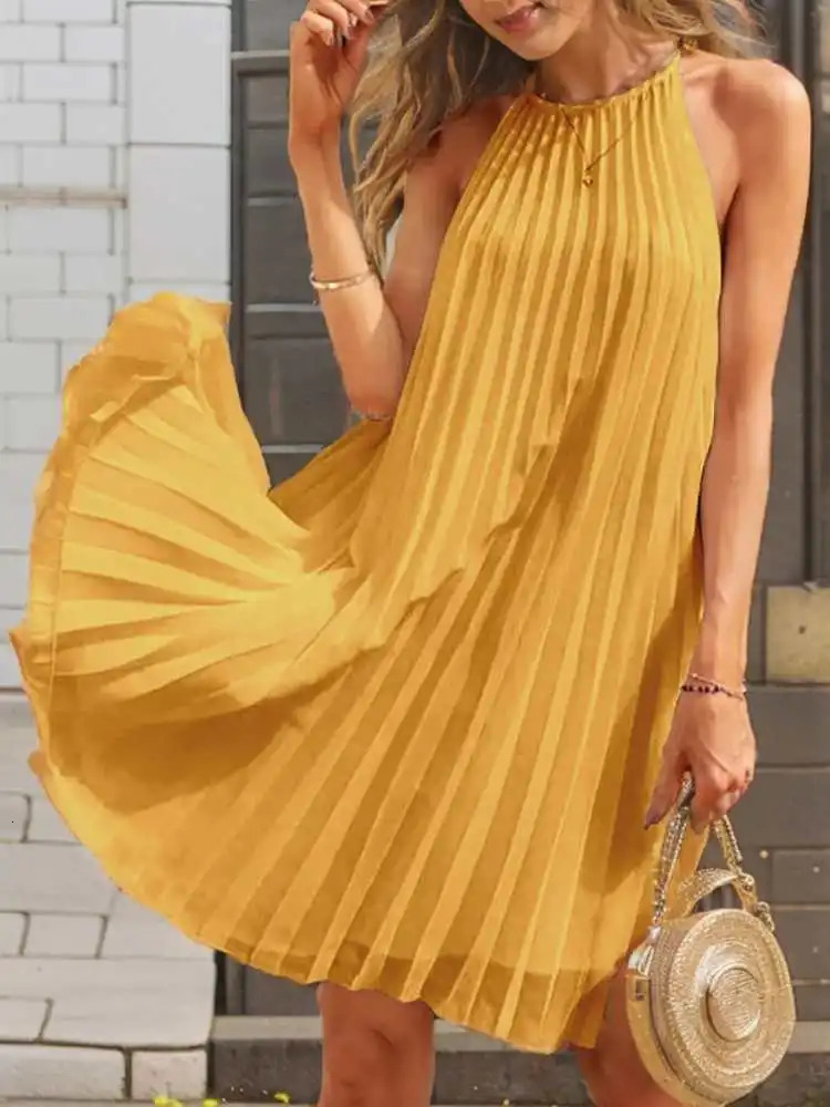 Celmia 2024 Summer Mini Sundres Sexy Straps Sleeveless Pleated Short Dress Beach Casual Loose Solid Color Party Dresses 250208Z