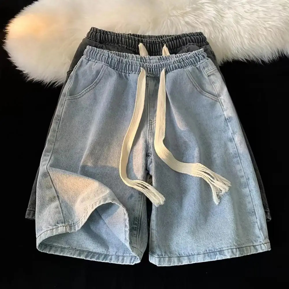 Men Wide-leg Denim Shorts Mens Quick-drying Denim Beach Shorts With Elastic Drawstring Waistband Pockets Summer Wide Leg Shorts 250208