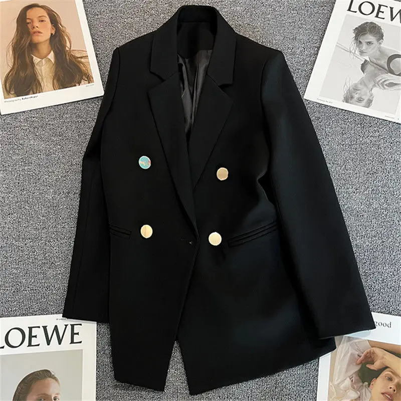 Solid Casual Coat Metal Buckle Small Suit Womens Jacket Clothing Summer Double Breasted Office Lady Elegant Blazers Thin Autumn 250208