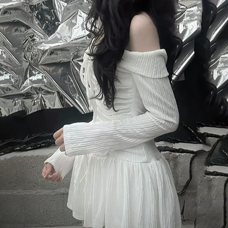 HEYounGIRL Texture Knitted Folds Off Shoulder Mini Dres Korean Style White Elegant Short Dresses Sweet Y2K Streetwear 250206