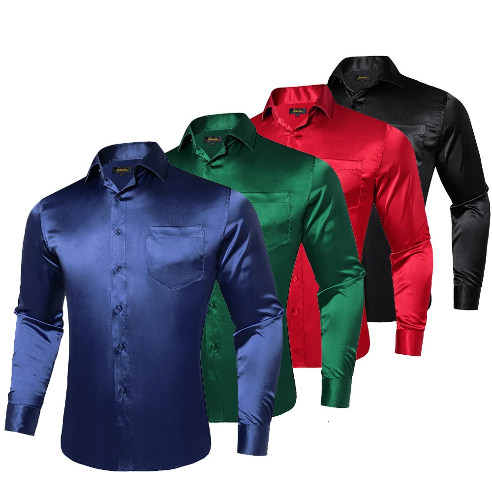 Satin Mens Plain Shirts Long Sleeve Tuxedo Prom Red Blue Gold Social Dress Shirt Smooth Blouse Men Clothing 250207