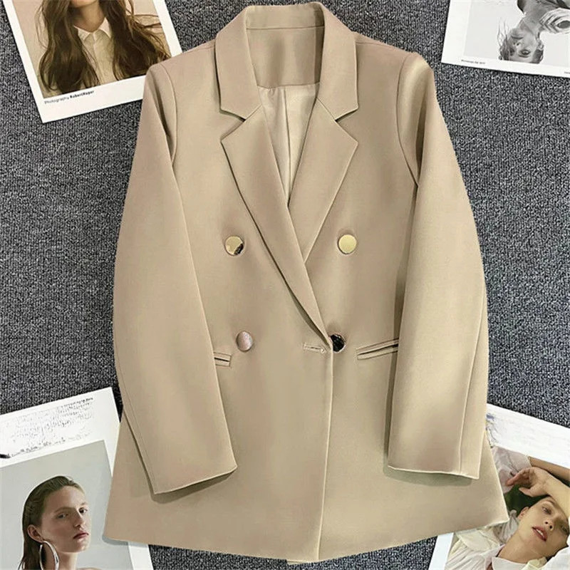 Solid Casual Coat Metal Buckle Small Suit Womens Jacket Clothing Summer Double Breasted Office Lady Elegant Blazers Thin Autumn 250208