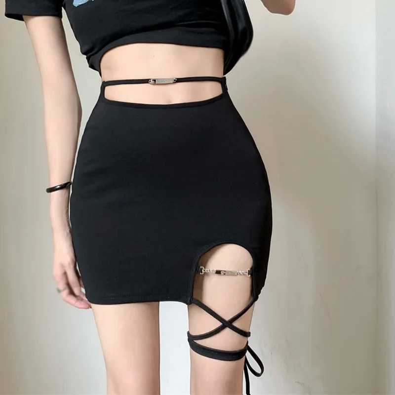 Womens Asymmetrical Skirt Black High Waist Gothic Punk Dance Mini Short Skirts Bodycon Clubwear 250208Z